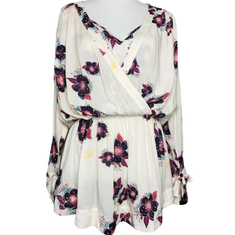 Free People Tuscan Dreams Tunic Top, Tropical Floral, ivory, black, purple, SZ M